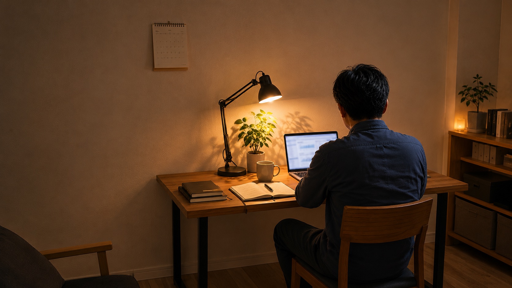 K.キョウヘイの夜のデスク・MacBookとノートに向かう40代会社員の作業時間