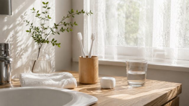 洗面台に並ぶ歯ブラシ立てとデンタルケア用品