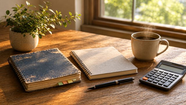 朝の光が差す机に並ぶノートと電卓、コーヒー