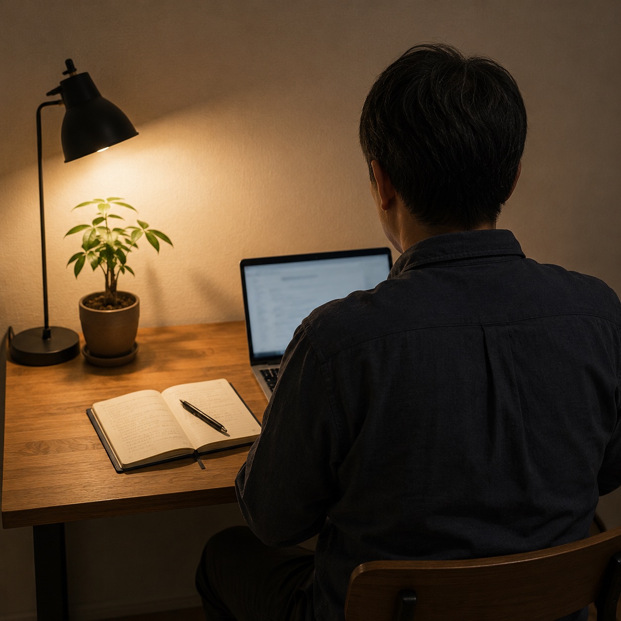 K.キョウヘイの夜のデスク・MacBookとノートで家計簿と投資の記録