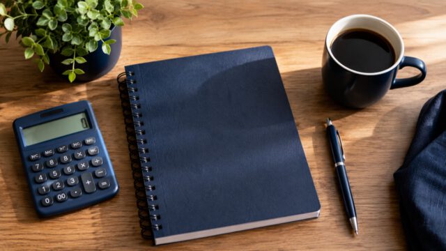 木目の机に置かれた紺色のノート、電卓、コーヒー、観葉植物。家計とお金の計画のイメージ