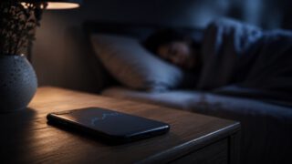 夜のベッドサイドに置かれたスマホ