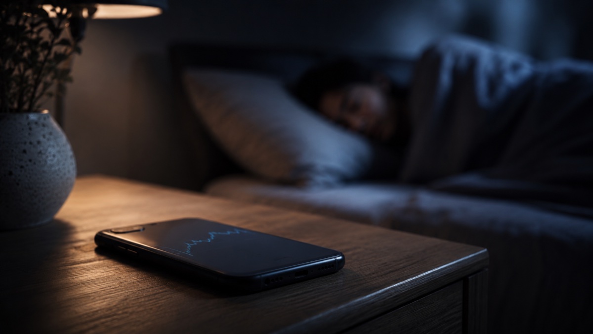 夜のベッドサイドに置かれたスマホ