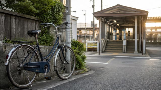 住宅街の道に停められたシティサイクルと、奥に駅舎。自転車通勤と節約のイメージ