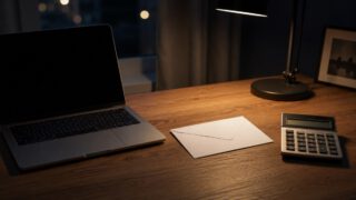 夜のデスクのノートパソコンと封筒と電卓