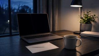 夜の机にノートパソコンと封筒とコーヒー