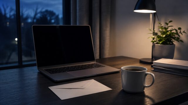 夜の机にノートパソコンと封筒とコーヒー