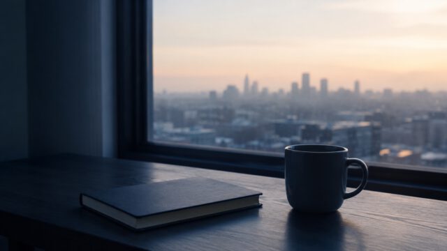 窓辺の机から見える都市の遠景とノートとマグ