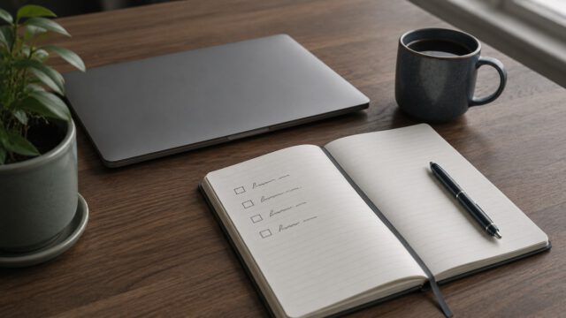 ノートに書いた副業準備のチェックリストと閉じたノートPC