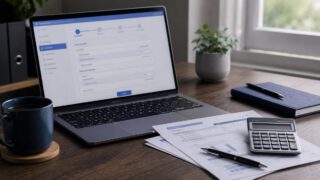 ノートPCに表示された確定申告の入力画面と書類・電卓・e-Taxのイメージ