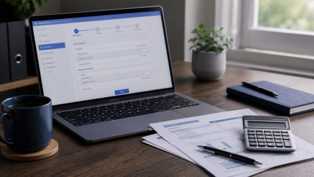ノートPCに表示された確定申告の入力画面と書類・電卓・e-Taxのイメージ
