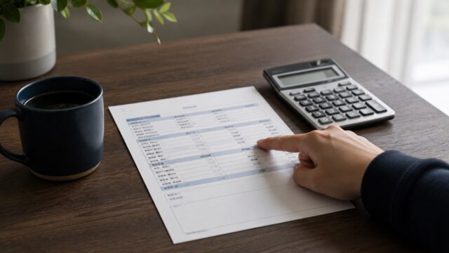 給与明細の1行を指さして確認する手元と電卓・住民税チェックのイメージ