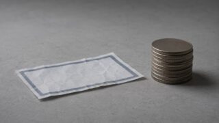 テーブルの上の薄い割引券と硬貨の山（株主優待より現金を選ぶイメージ）