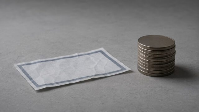 テーブルの上の薄い割引券と硬貨の山（株主優待より現金を選ぶイメージ）