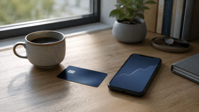 窓辺の机に置かれたクレジットカードとスマートフォン（クレカ積立のイメージ）