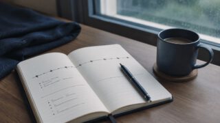 窓辺のノートに手書きの年表・タイムバケットのイメージ
