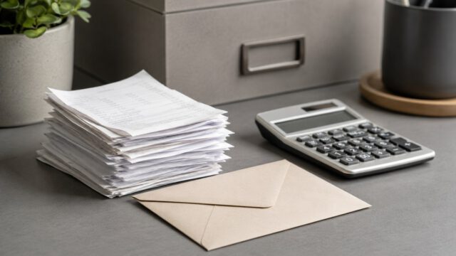 領収書の束と封筒と電卓・医療費控除の整理のイメージ