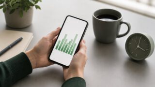 スマホの家計グラフと時計・月10分の家計簿ルーティンのイメージ