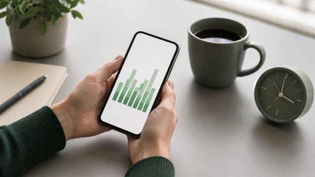 スマホの家計グラフと時計・月10分の家計簿ルーティンのイメージ