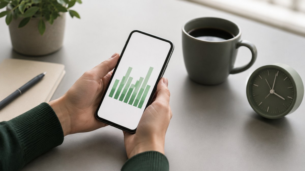 スマホの家計グラフと時計・月10分の家計簿ルーティンのイメージ