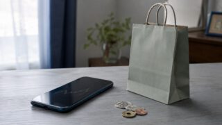 机の上のスマートフォンと買い物袋と小銭（ポイントを使うイメージ）