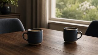 窓辺のテーブルで向き合う2つのマグカップ・家族で投資を話し合うイメージ