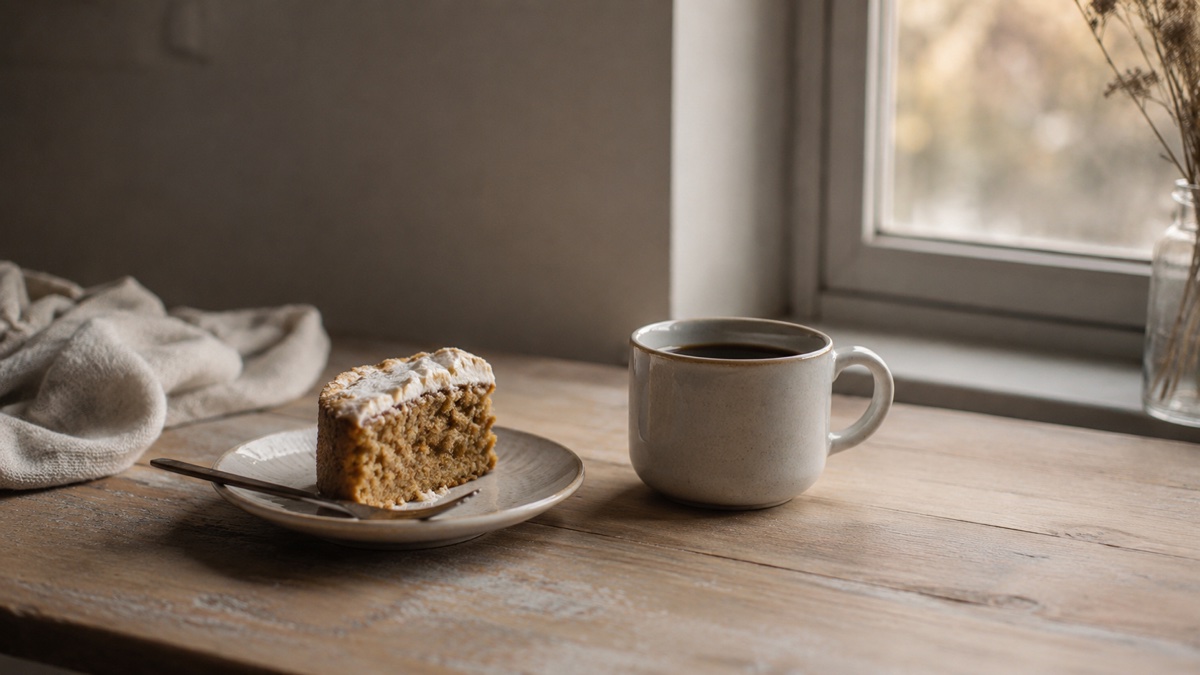 木のテーブルのケーキとコーヒー