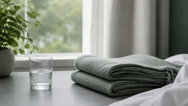 窓辺に畳んだ布と水のグラス、観葉植物