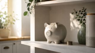 棚の上に置かれた白い貯金箱と少しのコイン