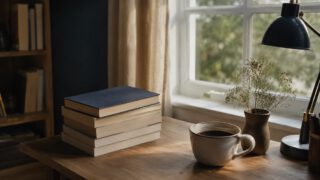 窓辺の机に積まれた本とコーヒーカップ