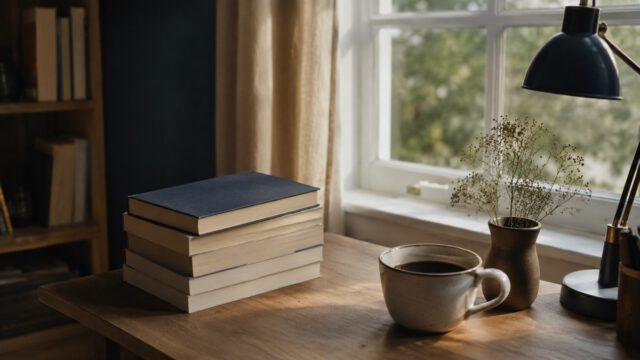 窓辺の机に積まれた本とコーヒーカップ