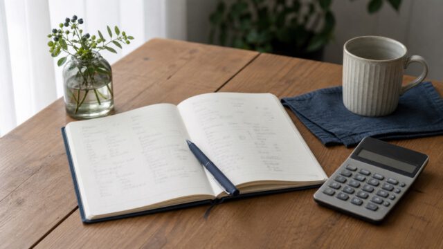 木のテーブルに開いた家計ノートと電卓、マグカップ