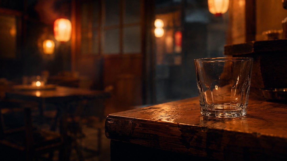 灯りの下の居酒屋のカウンターに置かれた空のグラス