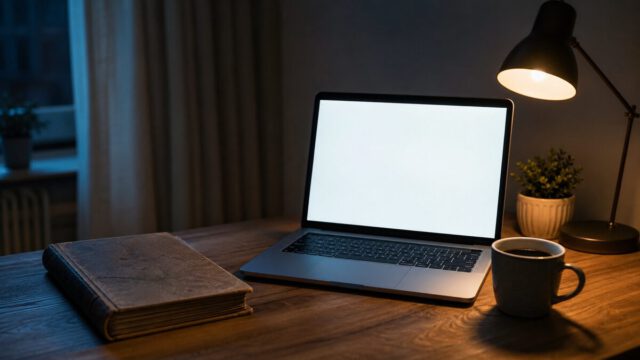 夜の机にあるノートパソコンと家計簿