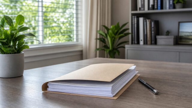昼の机に置かれた書類とペン