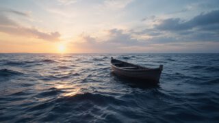 夕暮れの海に浮かぶ一艘の木の小舟