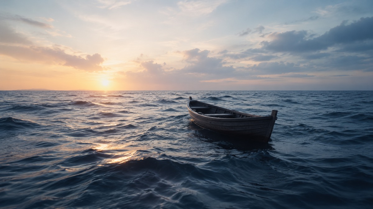 夕暮れの海に浮かぶ一艘の木の小舟
