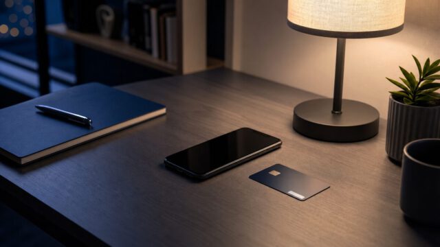 夜の机に置かれたカードとスマートフォン