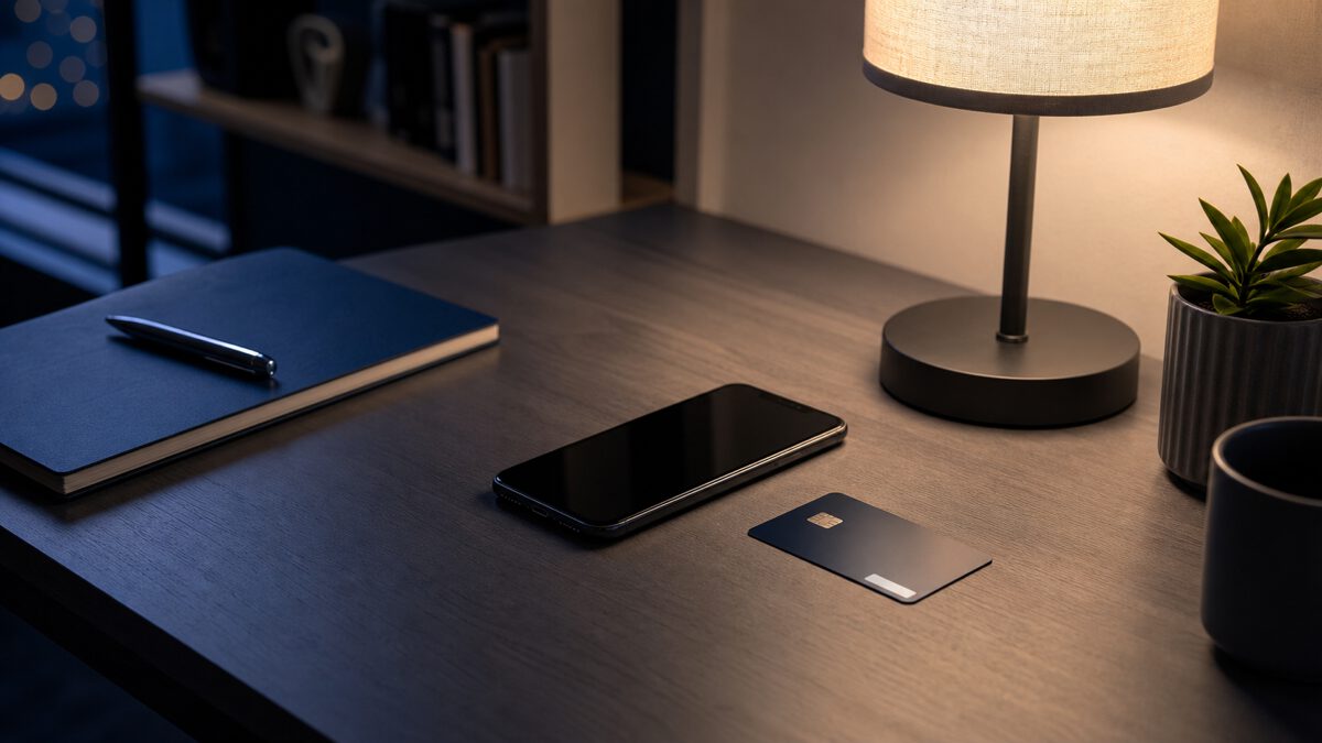 夜の机に置かれたカードとスマートフォン