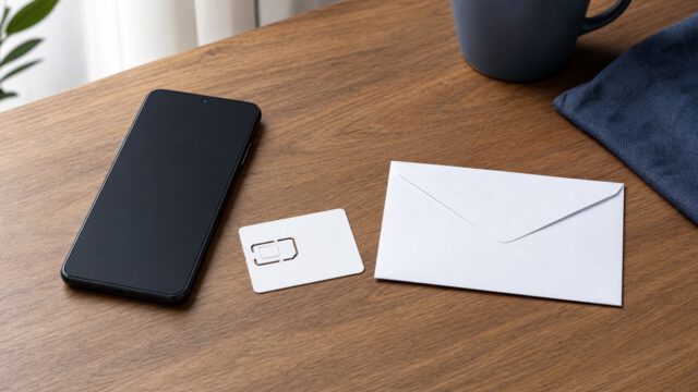 木のテーブルに置かれたSIMカードの台紙と封筒、画面を消したスマートフォン