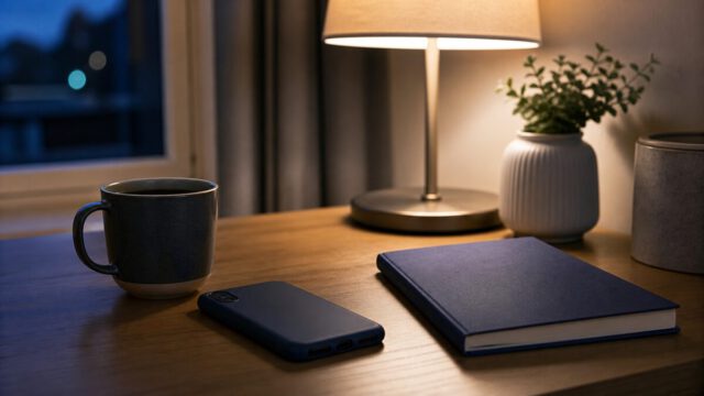 伏せたスマートフォンとノートがある夜の机