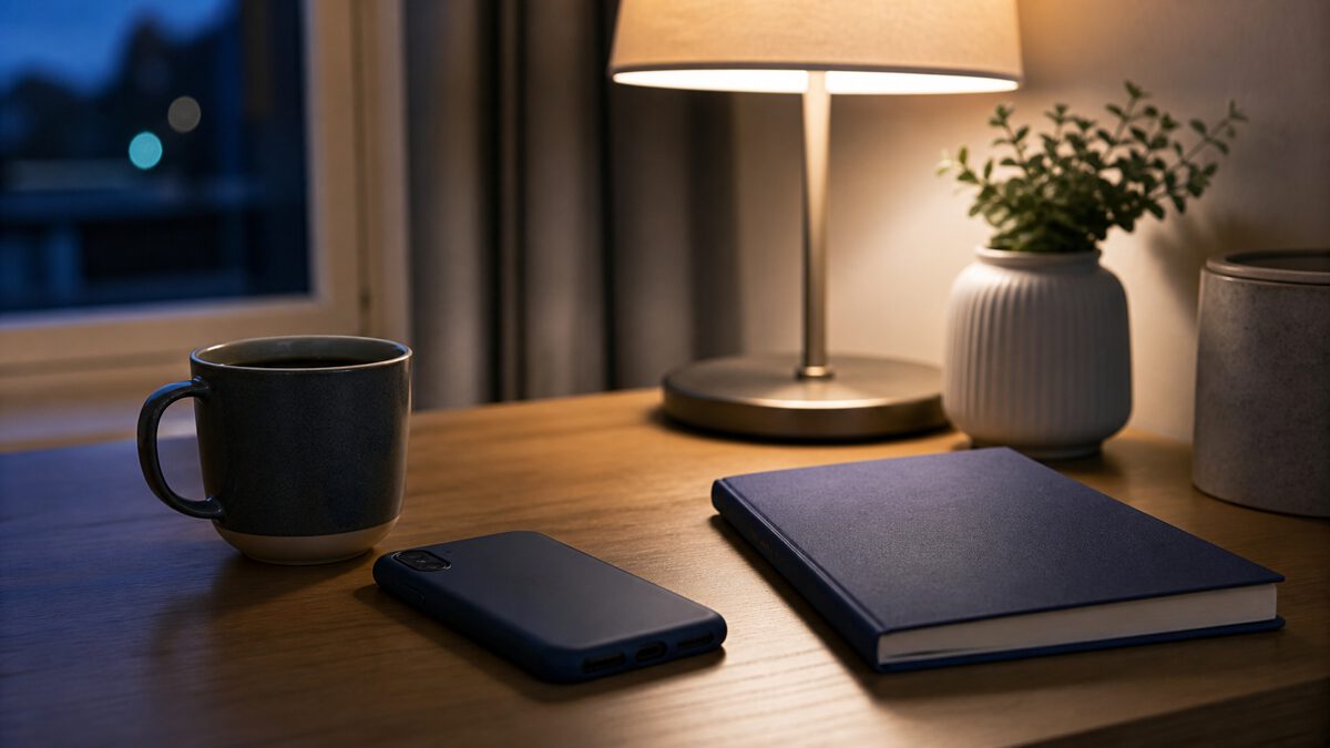 伏せたスマートフォンとノートがある夜の机